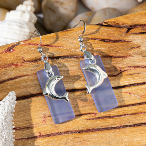 Beach Sea Glass Earrings Blue Silver Starfish Pierced Hooks Turquoise Dangles