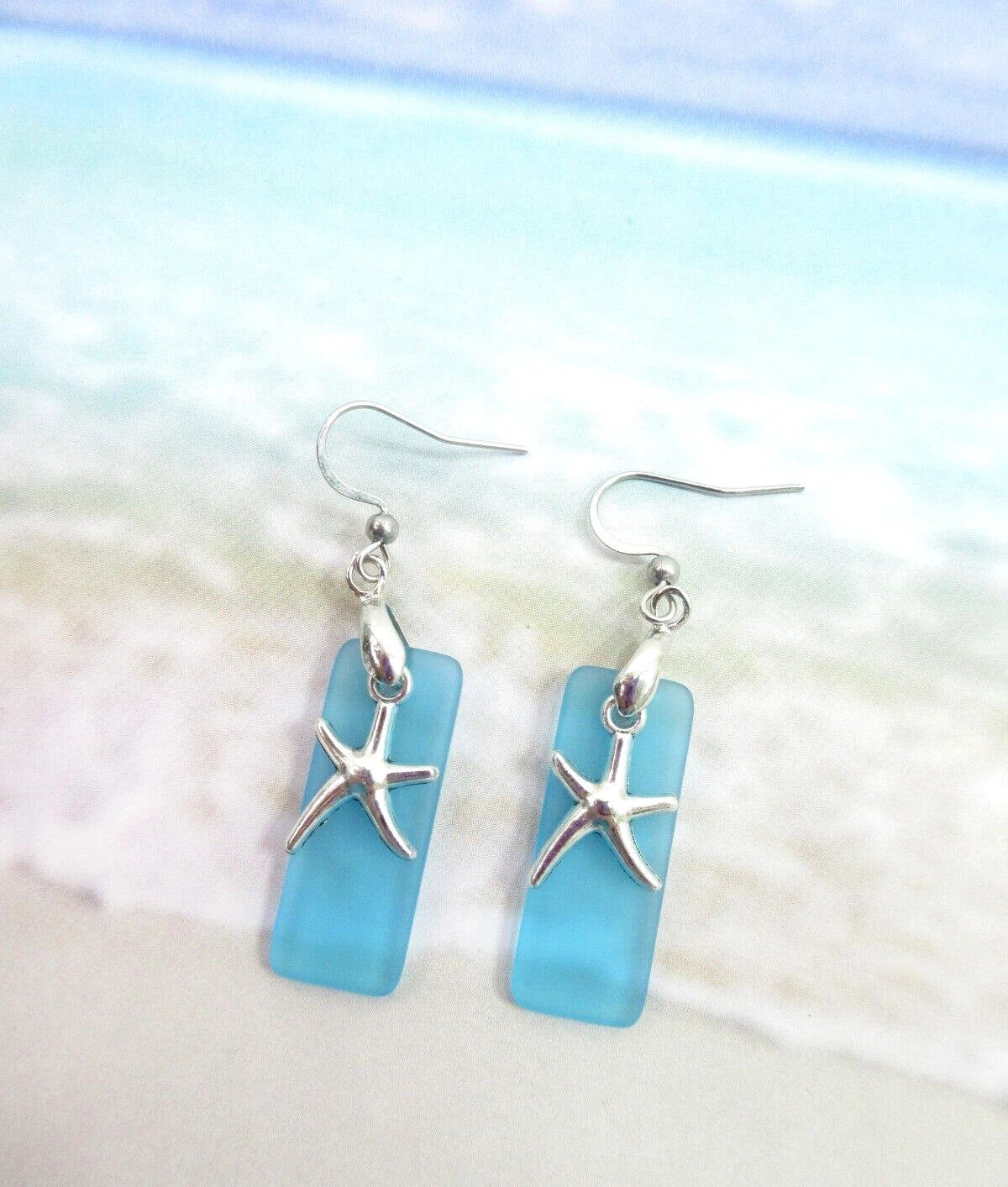 Beach Sea Glass Earrings Blue Silver Starfish Pierced Hooks Turquoise Dangles