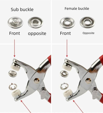 A sewing kit with invisible 50 silver metal snaps and 1 hand press plier, ideal for DIY clothing, hats and handicrafts.