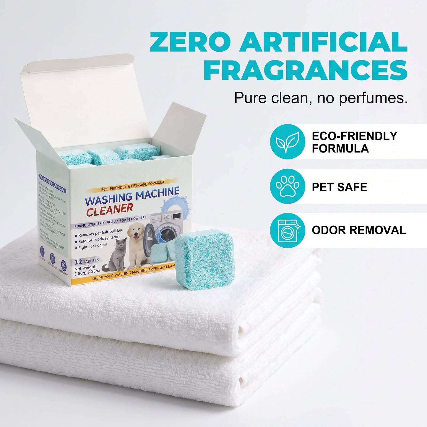 12 Count Washing Machine Cleaner Tablets - Fragrance-Free Pet Odor & Hair Remover, Septic Safe