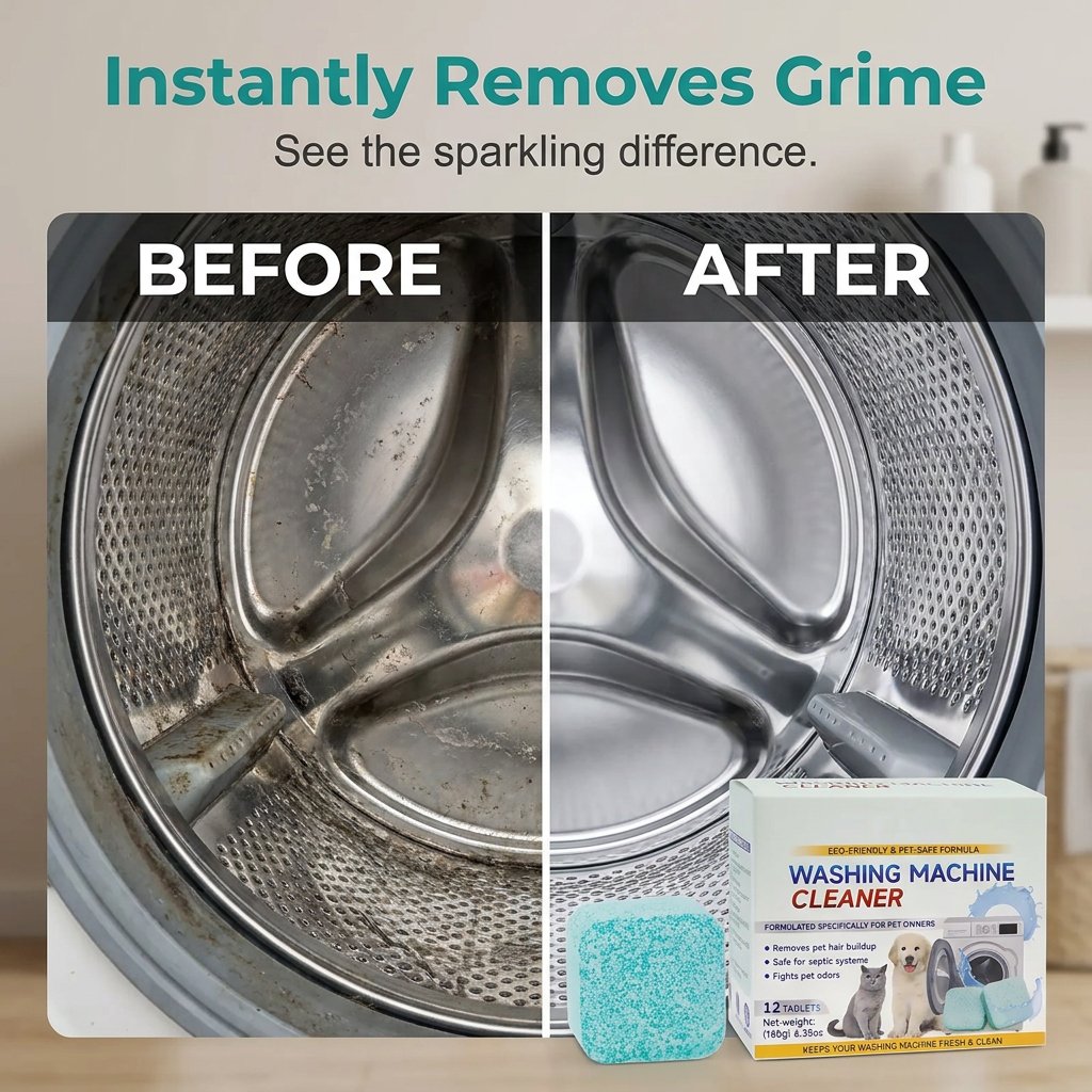 12 Count Washing Machine Cleaner Tablets - Fragrance-Free Pet Odor & Hair Remover, Septic Safe
