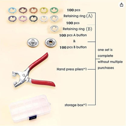 A sewing kit with invisible 50 silver metal snaps and 1 hand press plier, ideal for DIY clothing, hats and handicrafts.