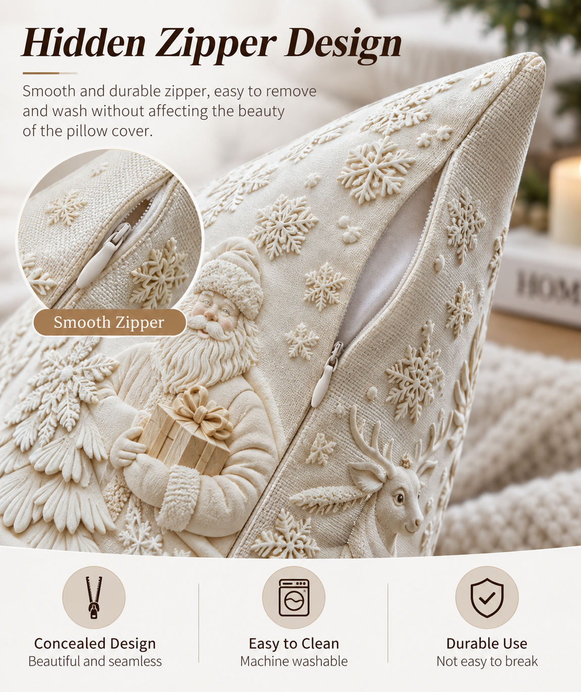 Elegant Christmas Pillow Covers with 3D-Look Holiday Artwork
