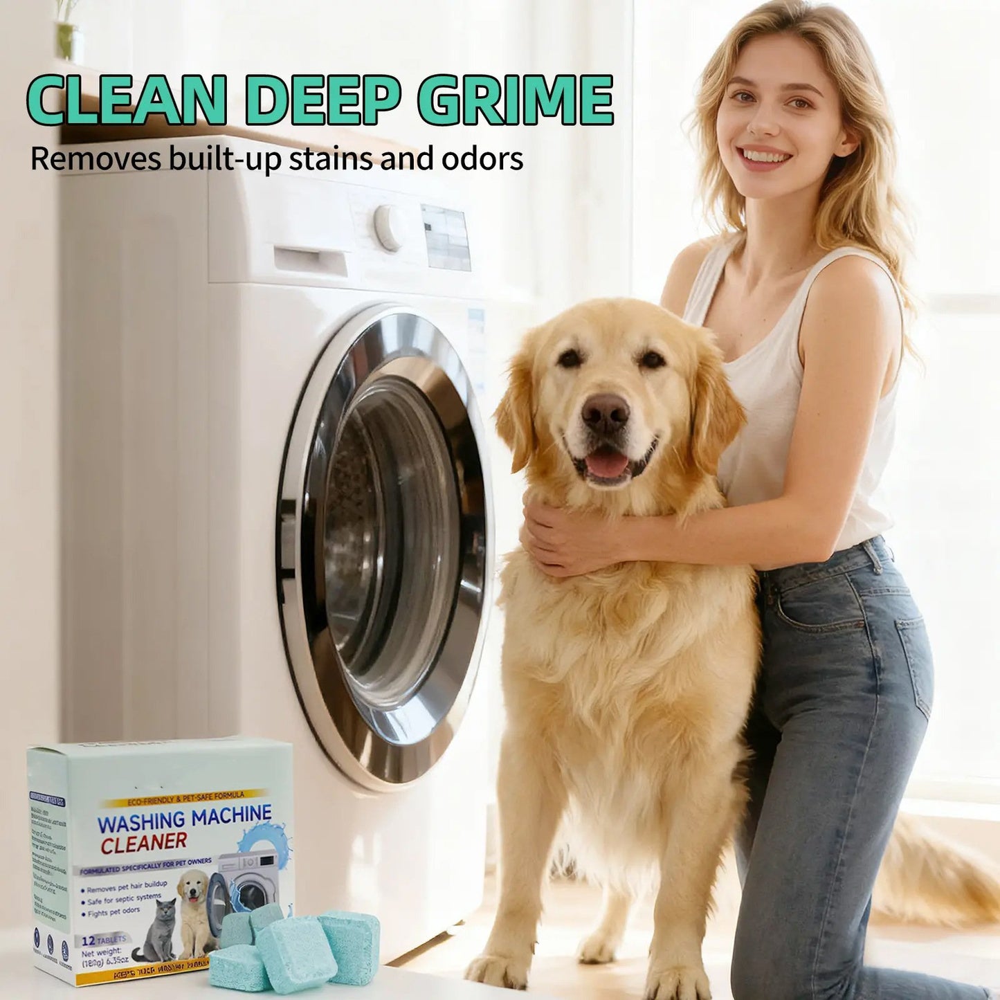 12 Count Washing Machine Cleaner Tablets - Fragrance-Free Pet Odor & Hair Remover, Septic Safe