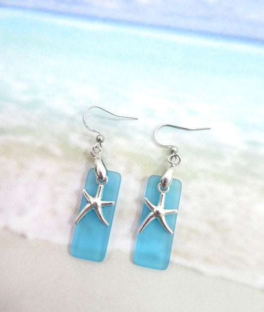 Beach Sea Glass Earrings Blue Silver Starfish Pierced Hooks Turquoise Dangles
